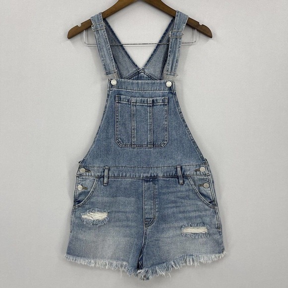 PacSun Denim - PacSun Women's Medium Wash Distressed Denim Short Overalls Pockets Raw Hem